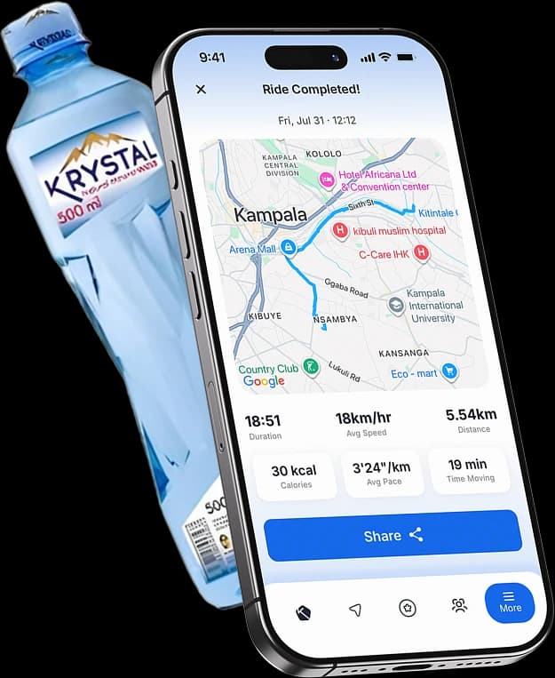A bottle of Krystal natural mineral water beside the KLife ride summary, showing the completed route on the map