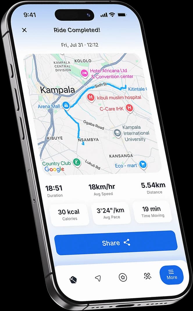 KLife activity summary showing a mapped route with duration, speed and distance