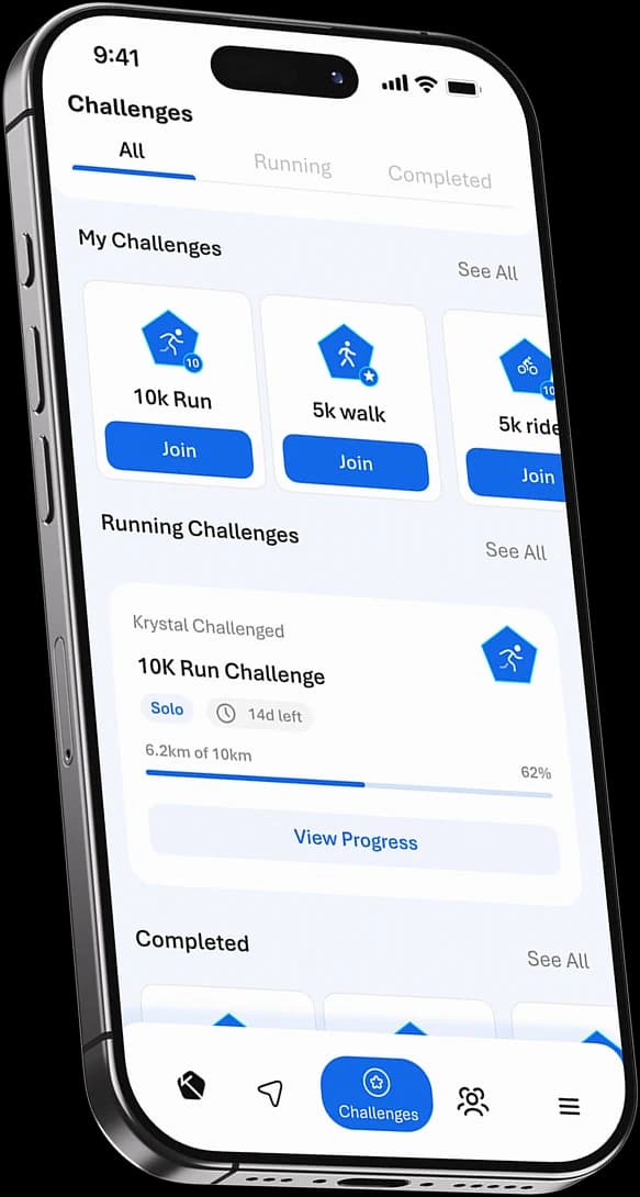 KLife challenges screen listing running challenges and progress