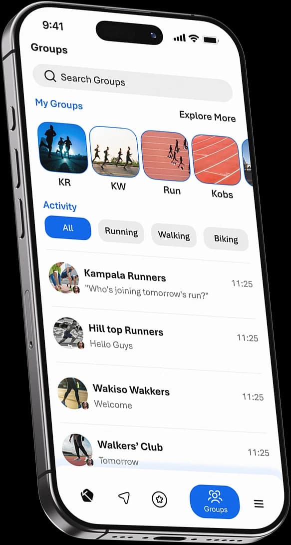 KLife groups screen showing nearby running groups and their chats
