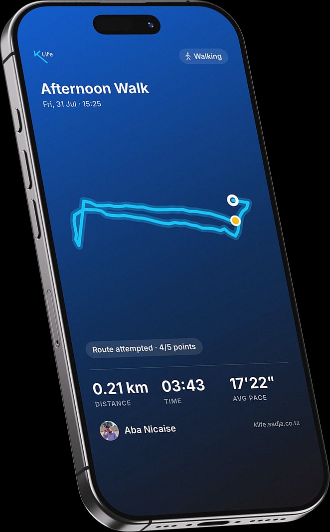 A shareable KLife activity card showing a walk's route, distance and pace