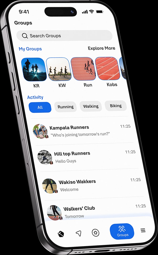 The KLife groups screen listing running groups nearby