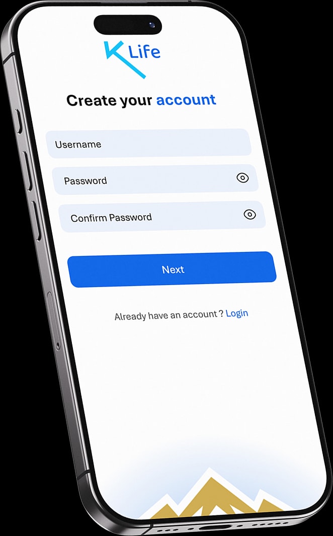 The KLife sign-up screen asking only for a username and password