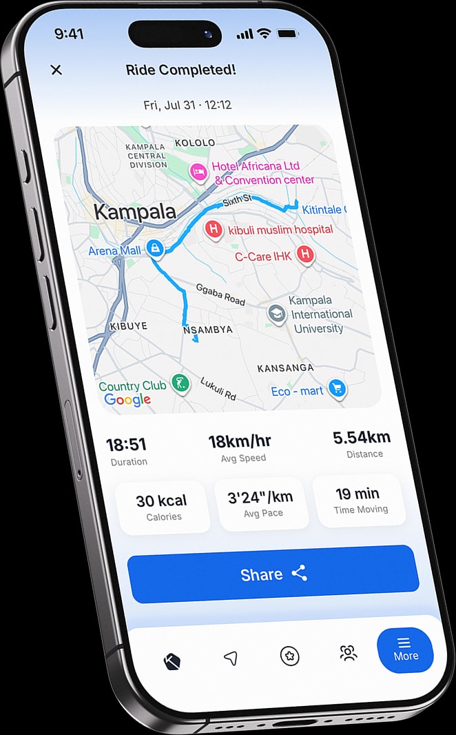 A completed KLife ride with its route, duration, speed and distance
