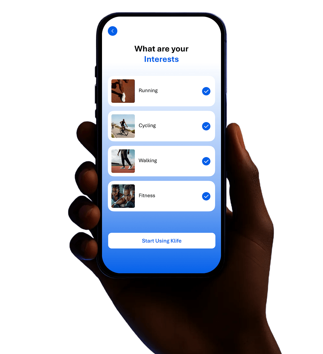 KLife choose activity screen with walking, running and riding