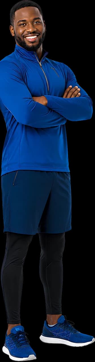 A KLife runner with arms folded